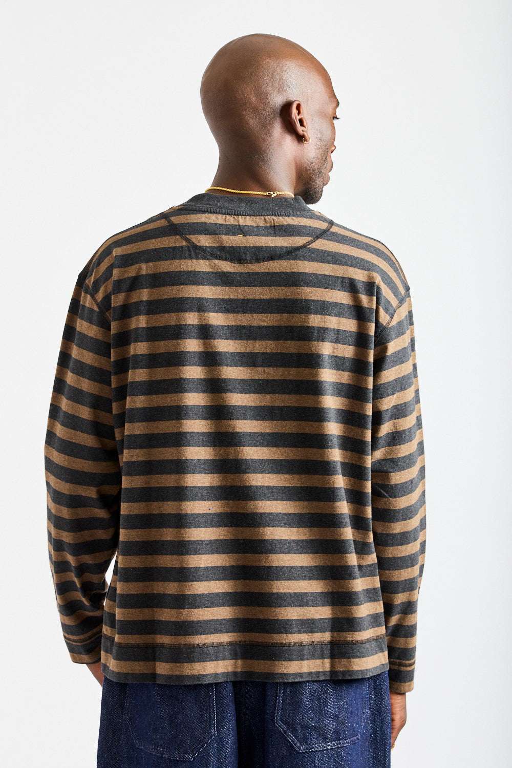 Crew Neck Matelot Light Cotton in Black + Bark Melange Stripe