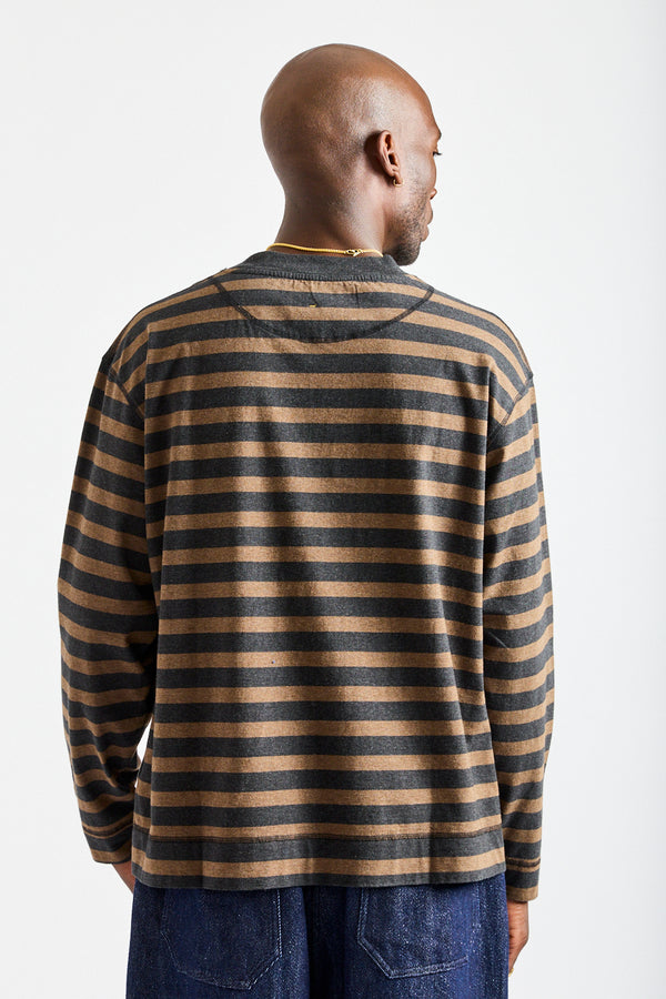 Crew Neck Matelot Light Cotton in Black + Bark Melange Stripe