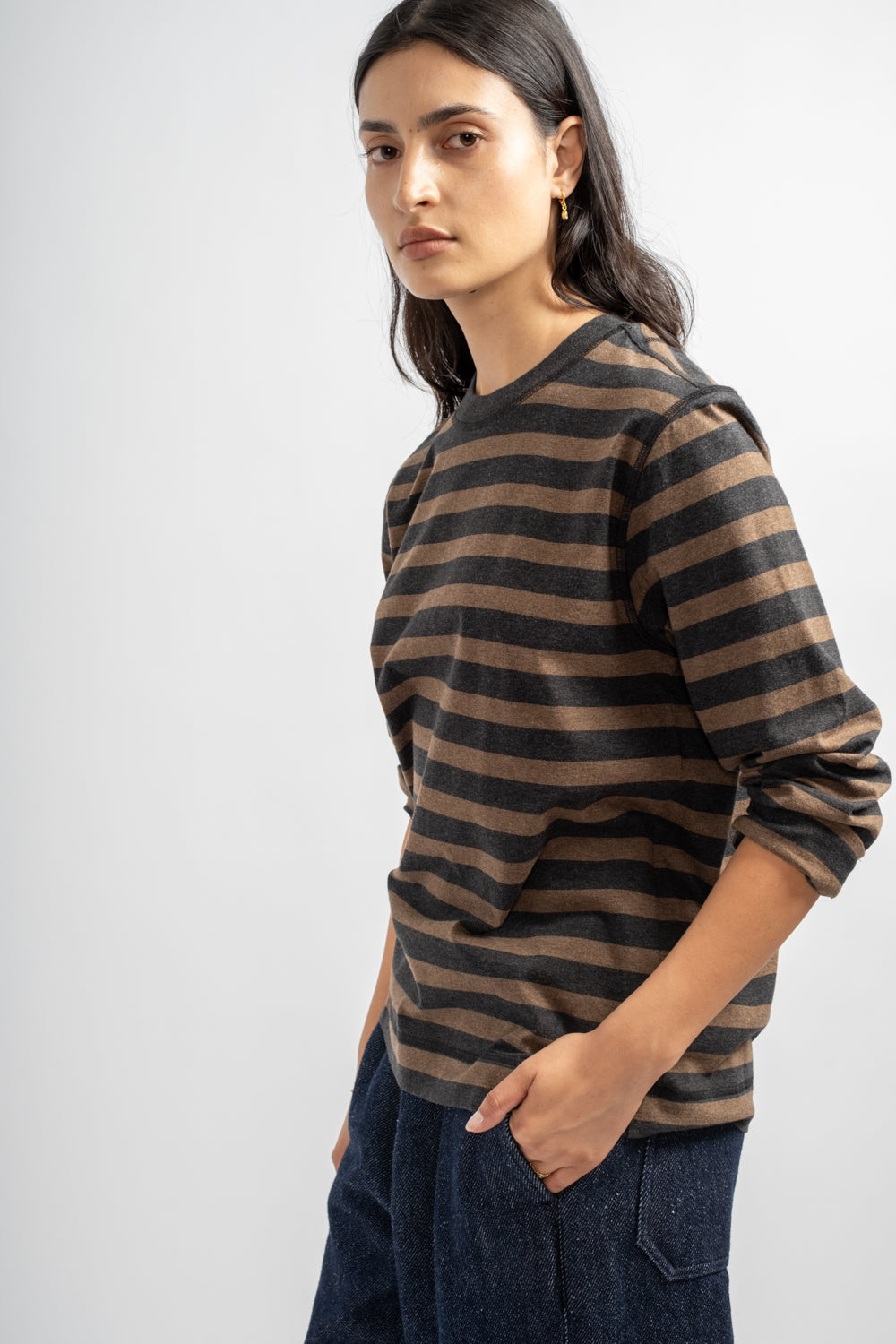 Crew Neck Matelot Light Cotton in Black + Bark Melange Stripe