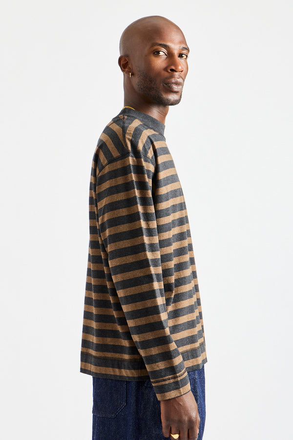 Crew Neck Matelot Light Cotton in Black + Bark Melange Stripe