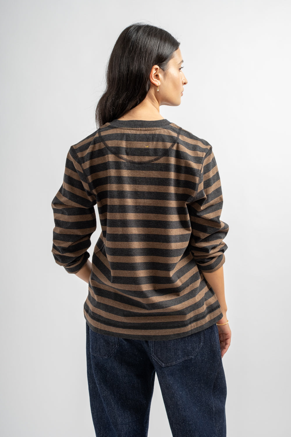 Crew Neck Matelot Light Cotton in Black + Bark Melange Stripe