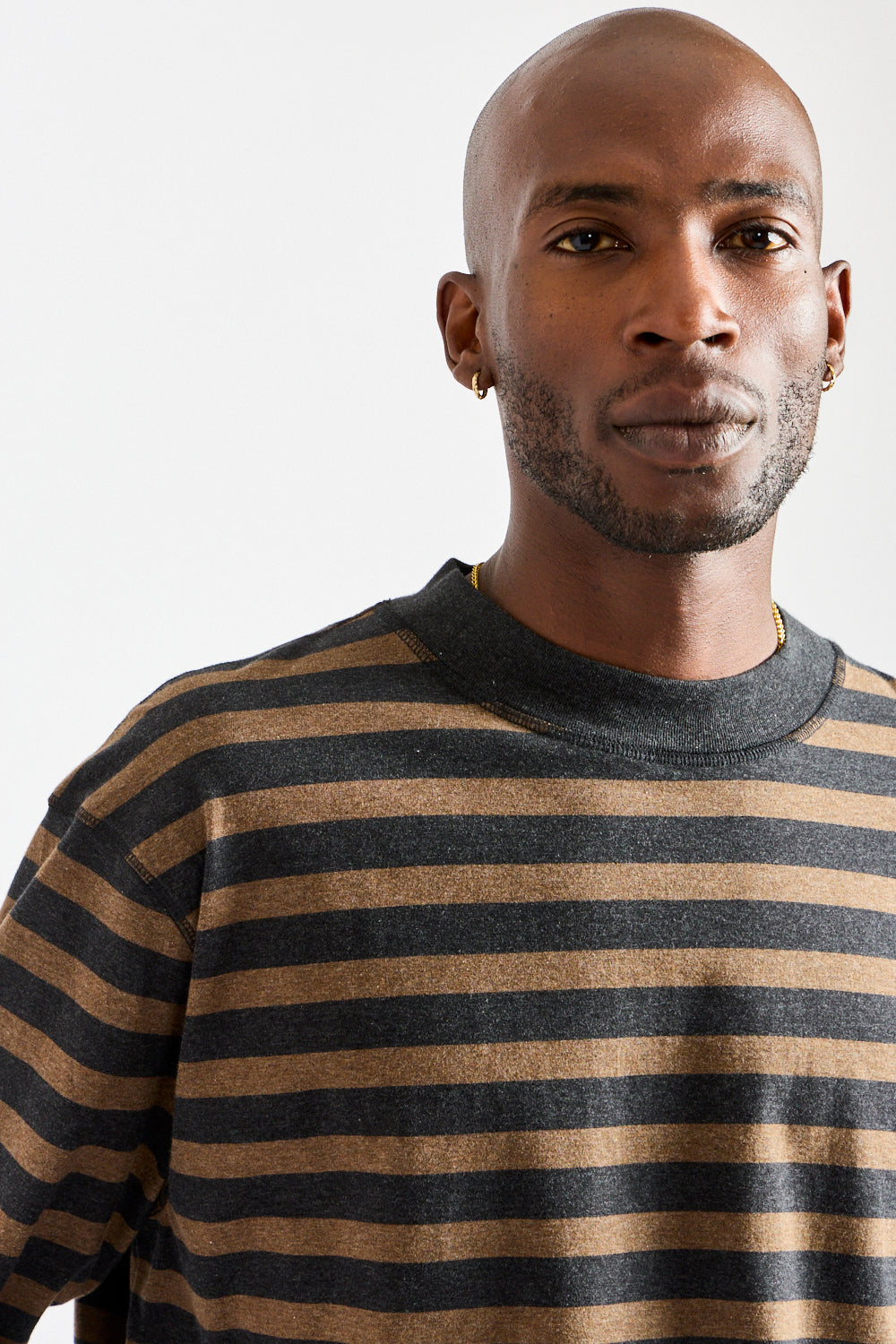 Crew Neck Matelot Light Cotton in Black + Bark Melange Stripe