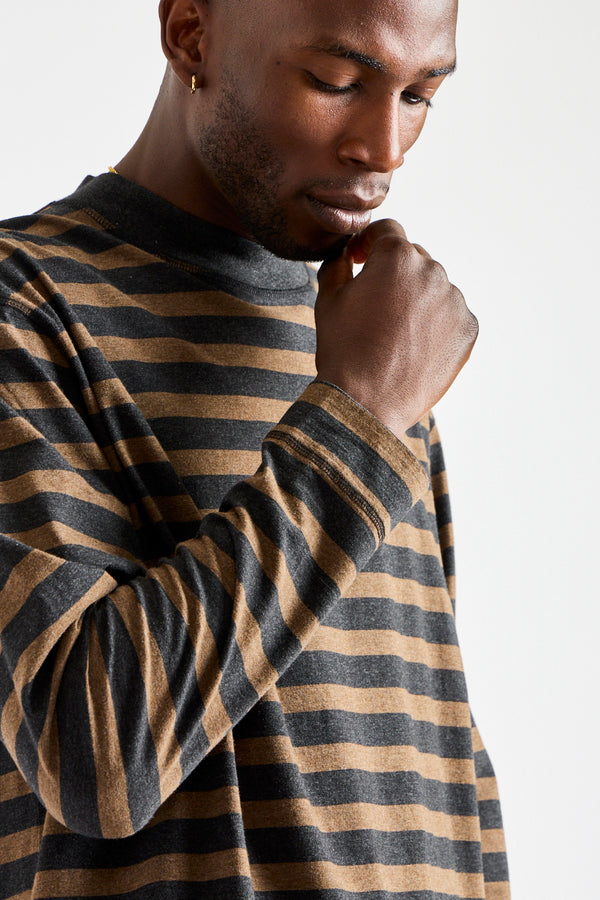 Crew Neck Matelot Light Cotton in Black + Bark Melange Stripe
