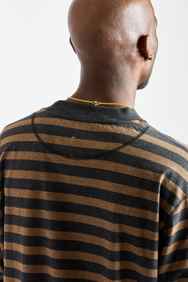 Crew Neck Matelot Light Cotton in Black + Bark Melange Stripe