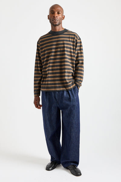 Crew Neck Matelot Light Cotton in Black + Bark Melange Stripe