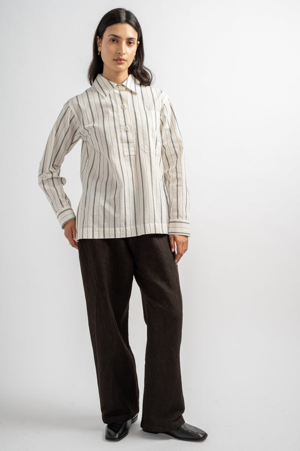 Long Pull On Shirt in White + Navy Wide Stripe