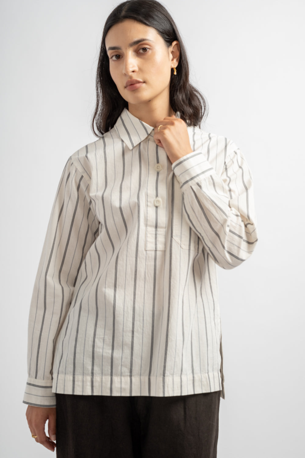 Long Pull On Shirt in White + Navy Wide Stripe
