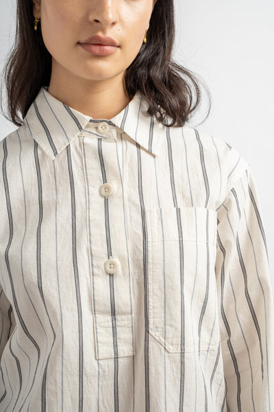 Long Pull On Shirt in White + Navy Wide Stripe