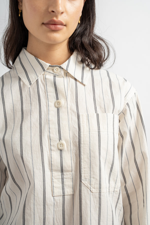Long Pull On Shirt in White + Navy Wide Stripe