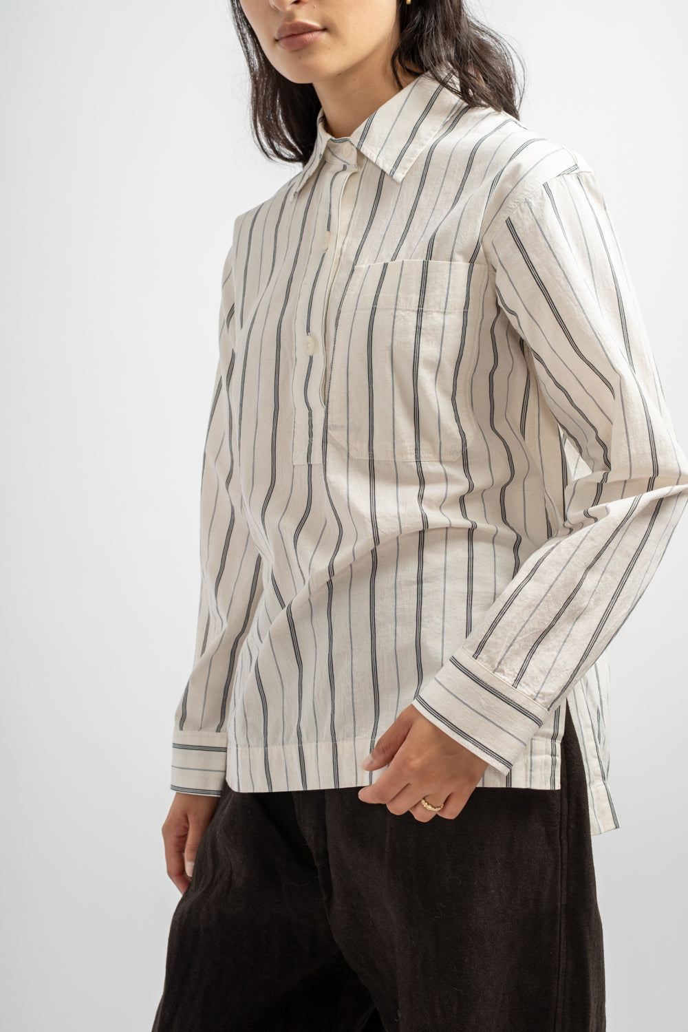 Long Pull On Shirt in White + Navy Wide Stripe