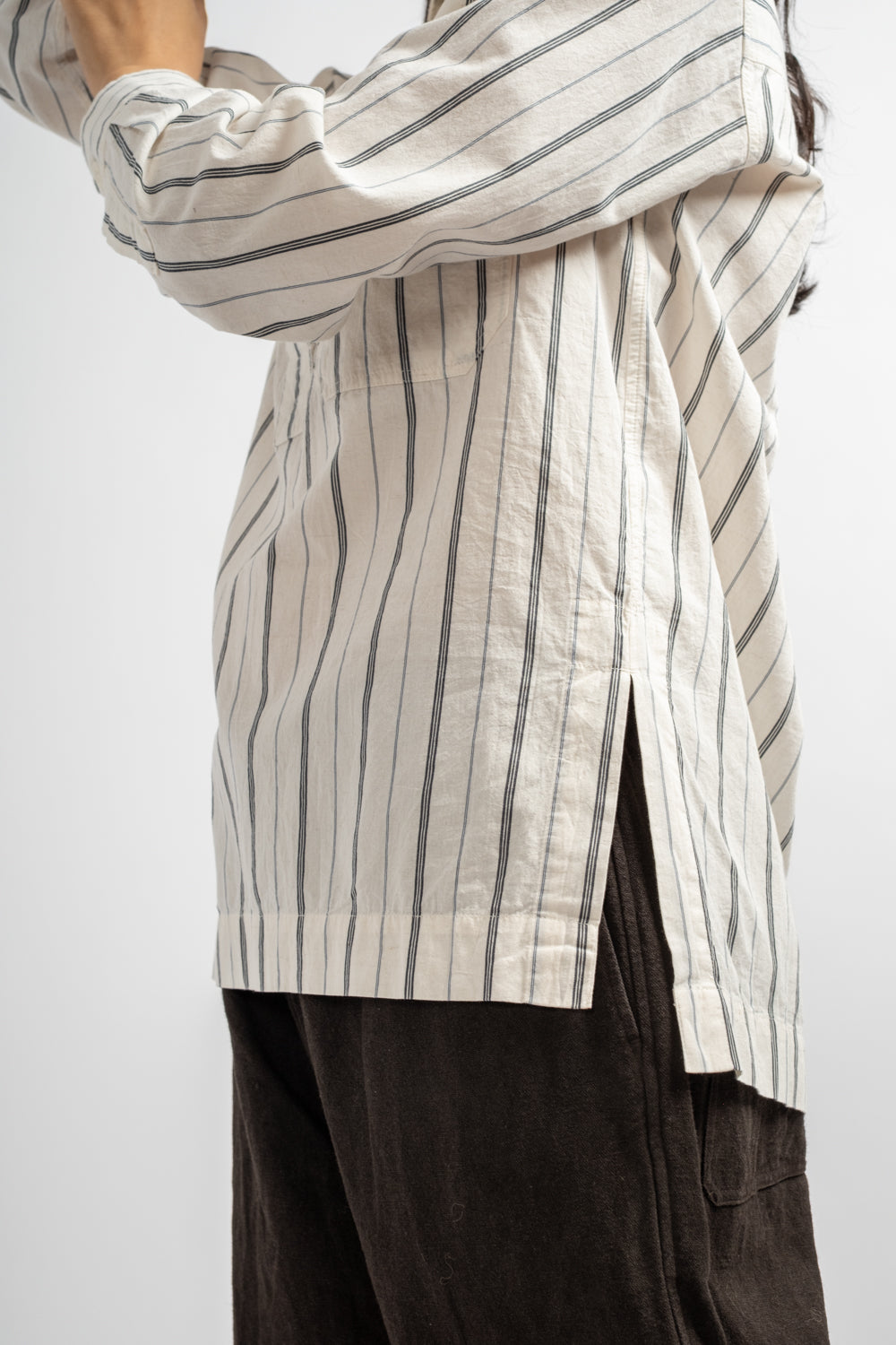 Long Pull On Shirt in White + Navy Wide Stripe