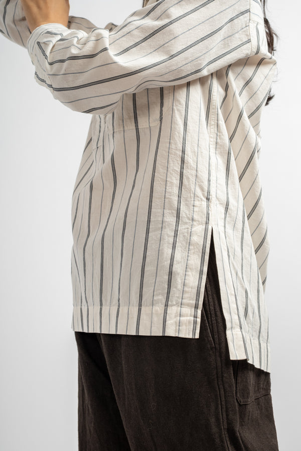 Long Pull On Shirt in White + Navy Wide Stripe