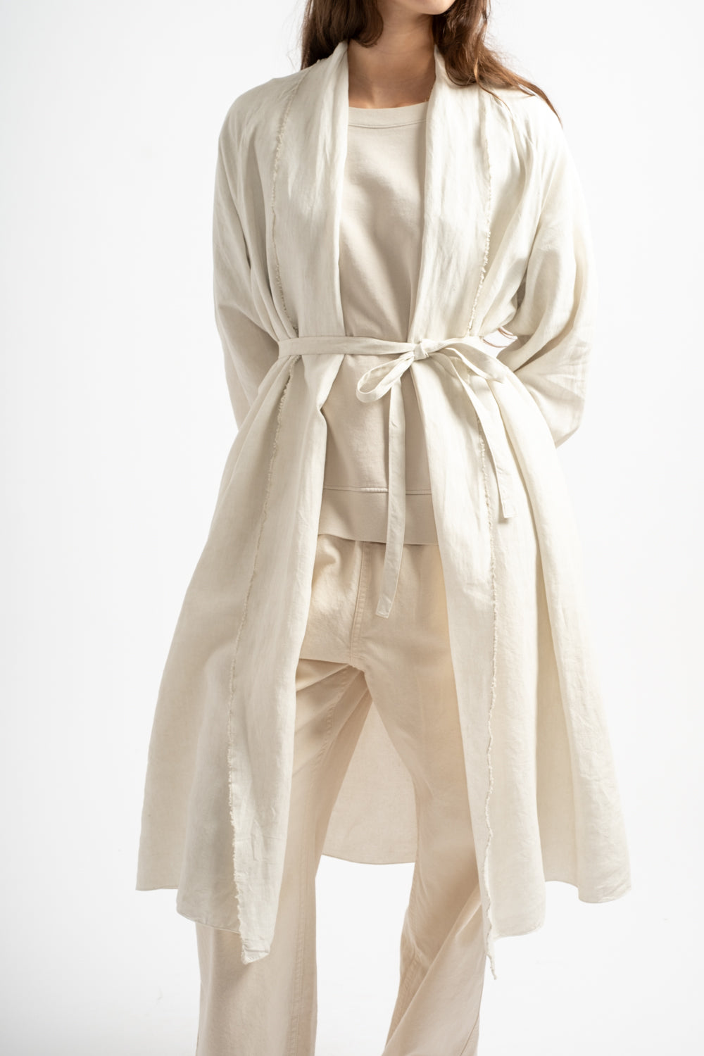 Hemp Long Haori Jacket in White Bengala