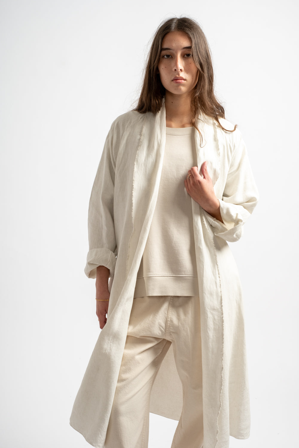 Hemp Long Haori Jacket in White Bengala
