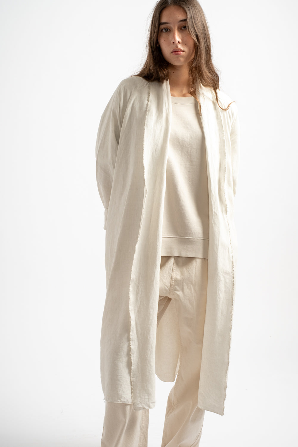 Hemp Long Haori Jacket in White Bengala
