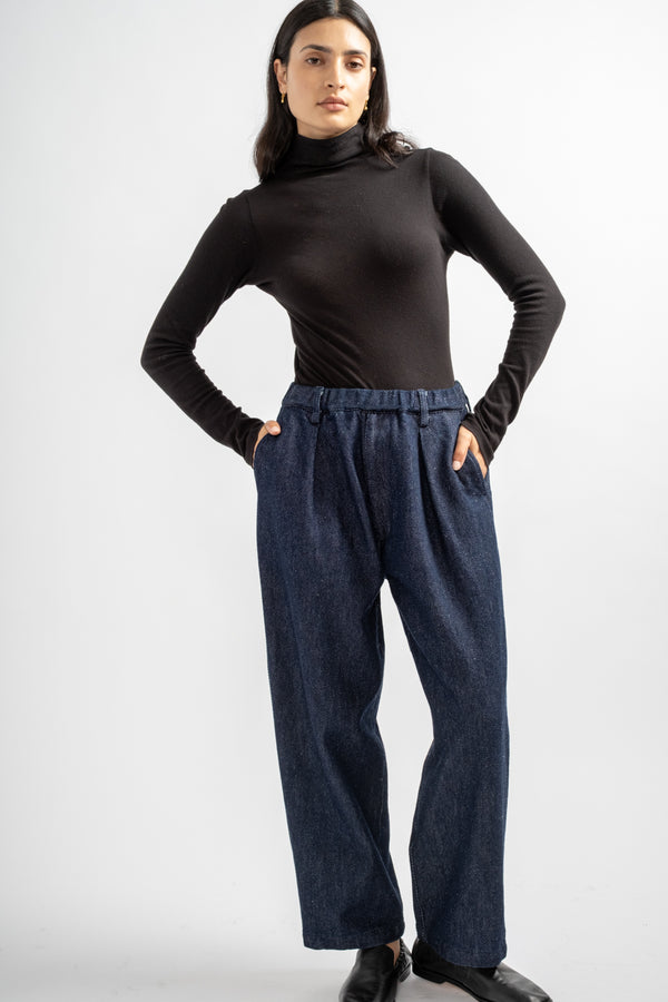 Wool Silk Tsumugi Denim Pants in Navy