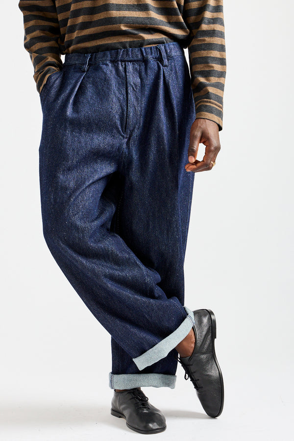 Wool Silk Tsumugi Denim Pants in Navy