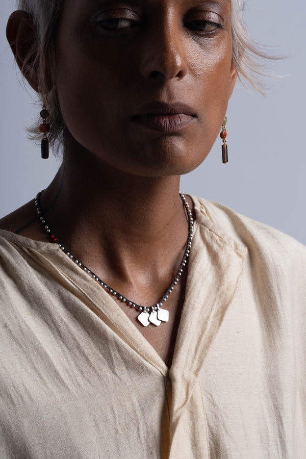 Beaded Silver Triple Charm Necklace