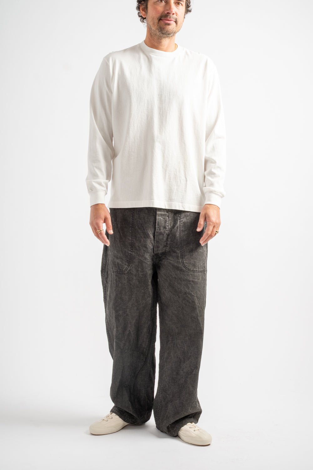 WWII 40's U.S. Navy Sumi Coated Linen Utility Trousers in Black