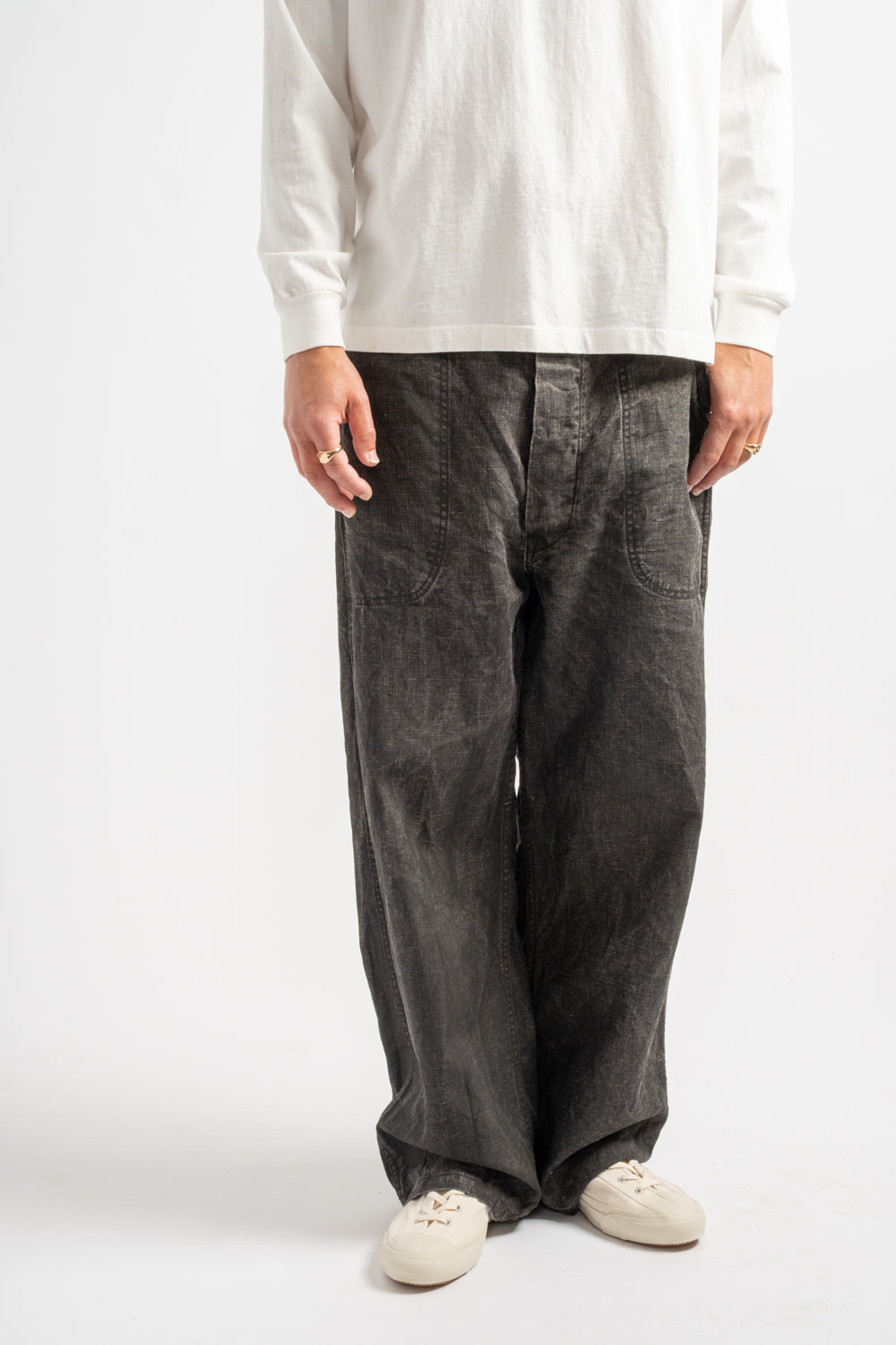 WWII 40's U.S. Navy Sumi Coated Linen Utility Trousers in Black