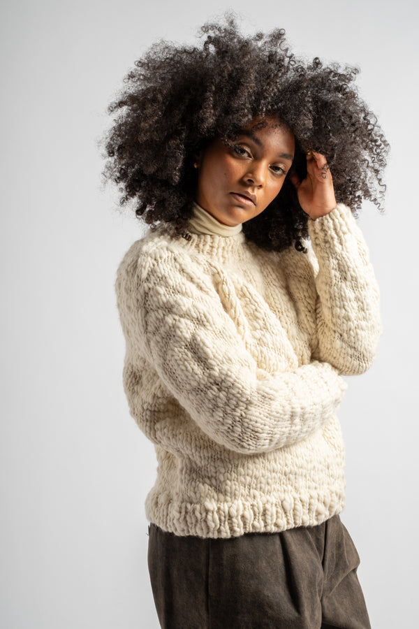 Hand Knitted Wool Caven Jumper in Ivory