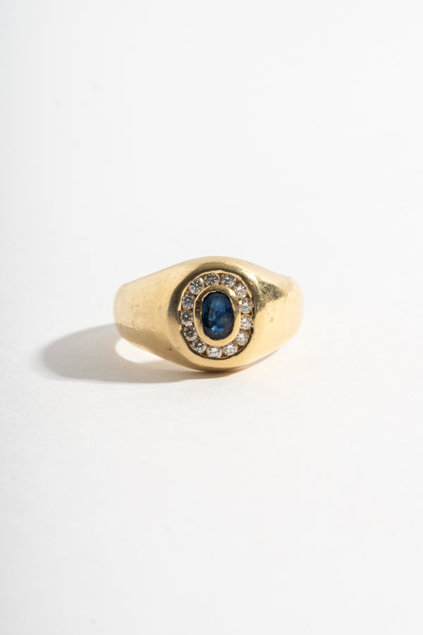 14K Sapphire + Diamond Signet Style Ring