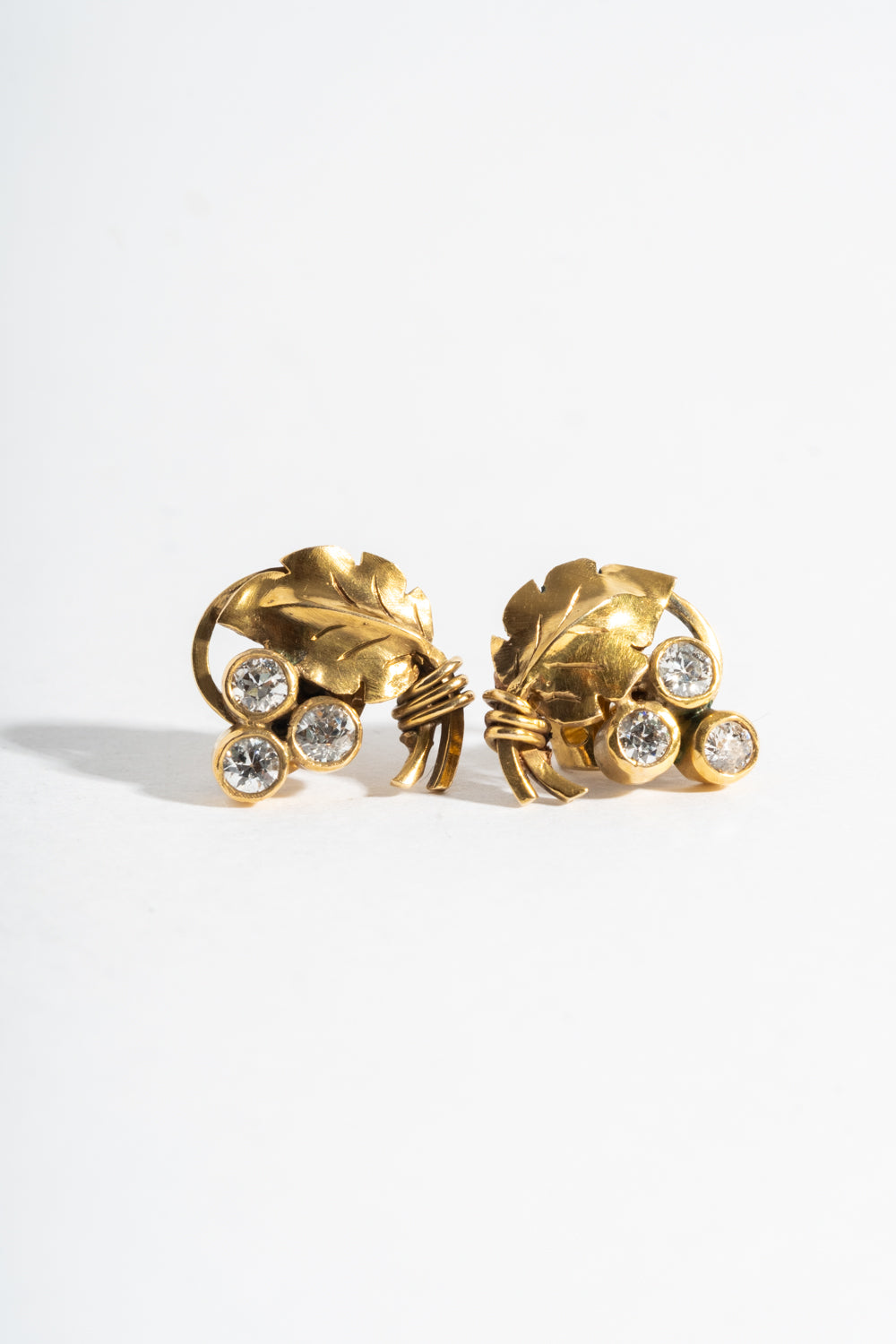 14K Triple Diamond Leaf Studs Circa 1930's