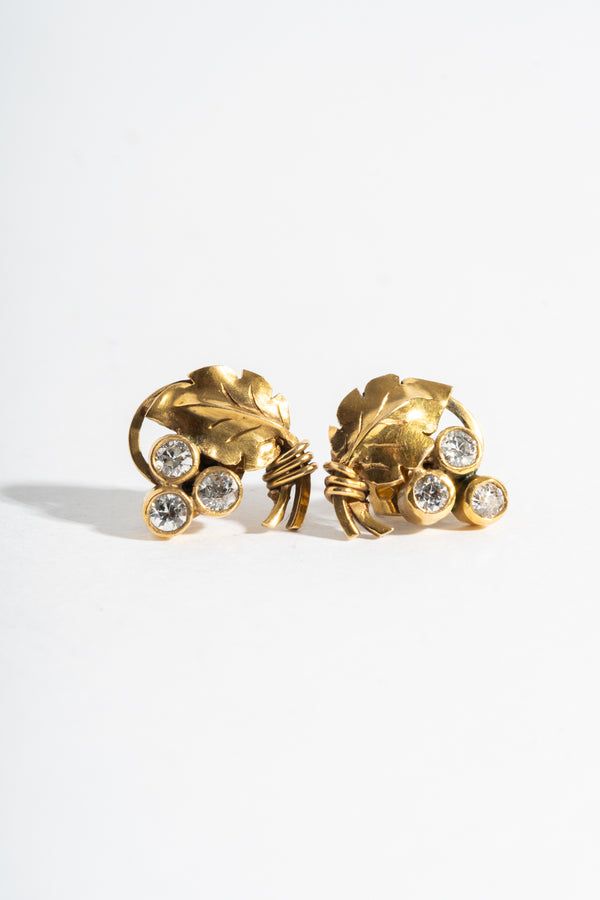 14K Triple Diamond Leaf Studs Circa 1930's