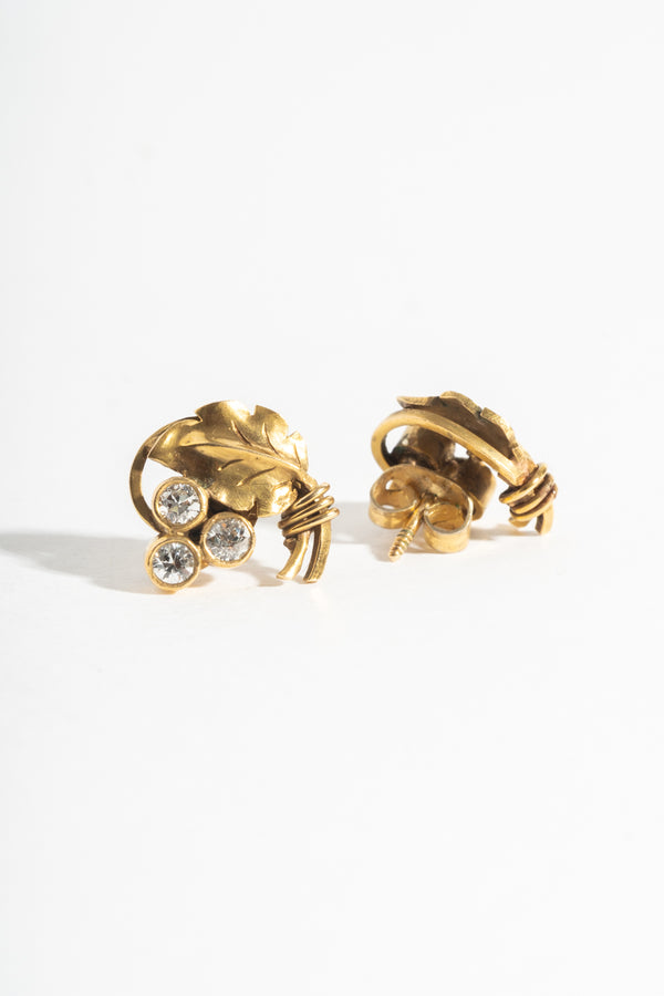 14K Triple Diamond Leaf Studs Circa 1930's