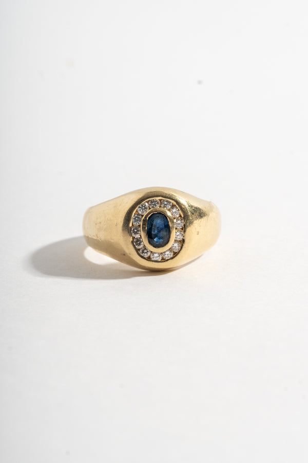 14K Sapphire + Diamond Signet Style Ring