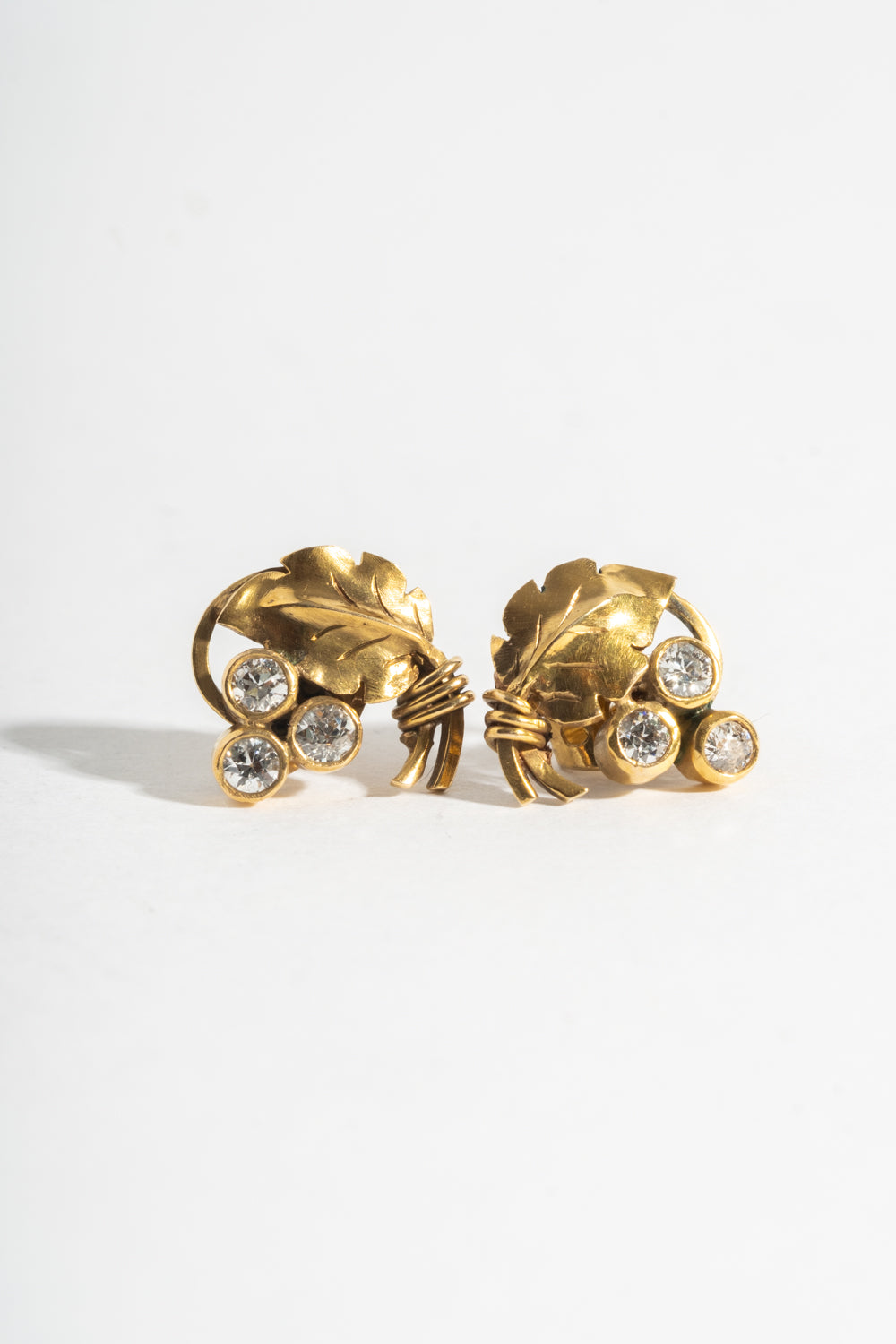 14K Triple Diamond Leaf Studs Circa 1930's