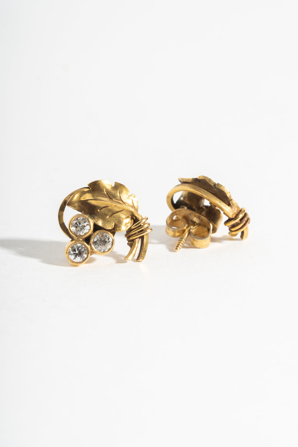 14K Triple Diamond Leaf Studs Circa 1930's