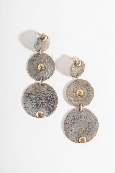 Sterling Hammered Triple Disk Earrings with Gold Dots