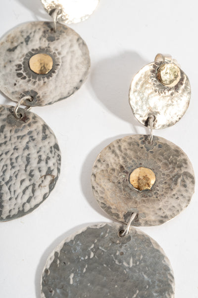 Sterling Hammered Triple Disk Earrings with Gold Dots
