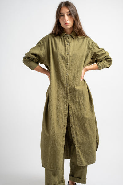 The Shirt Dress in Olive Seersucker