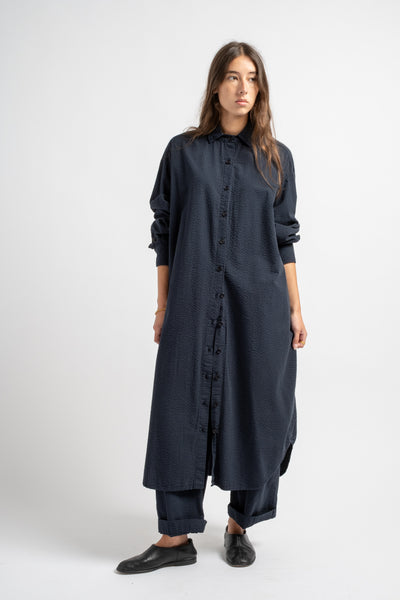 The Shirt Dress in Dark Navy Seersucker