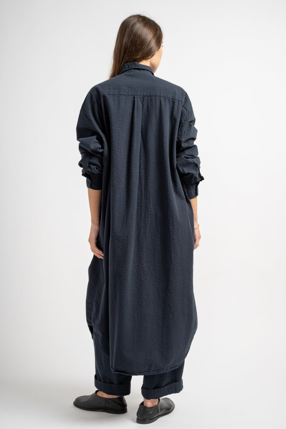 The Shirt Dress in Dark Navy Seersucker