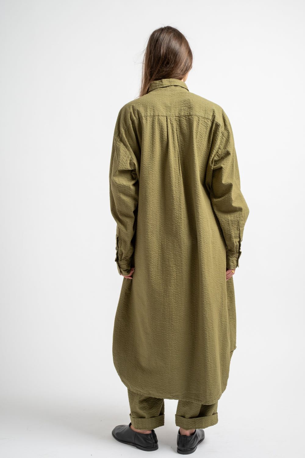 The Shirt Dress in Olive Seersucker