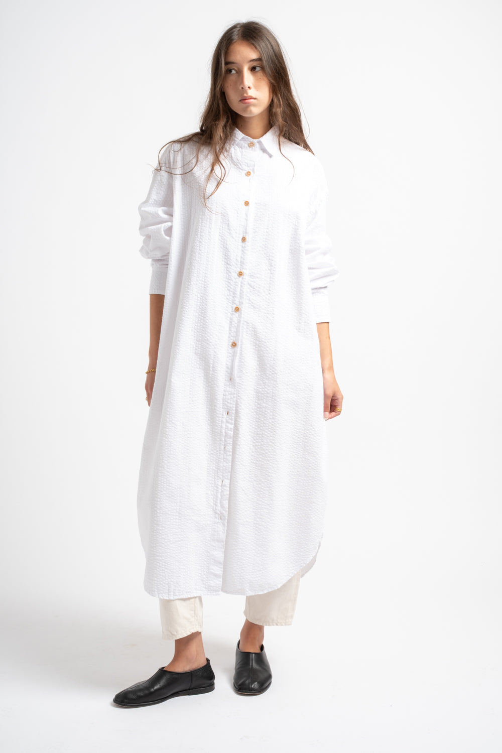 The Shirt Dress in White Seersucker