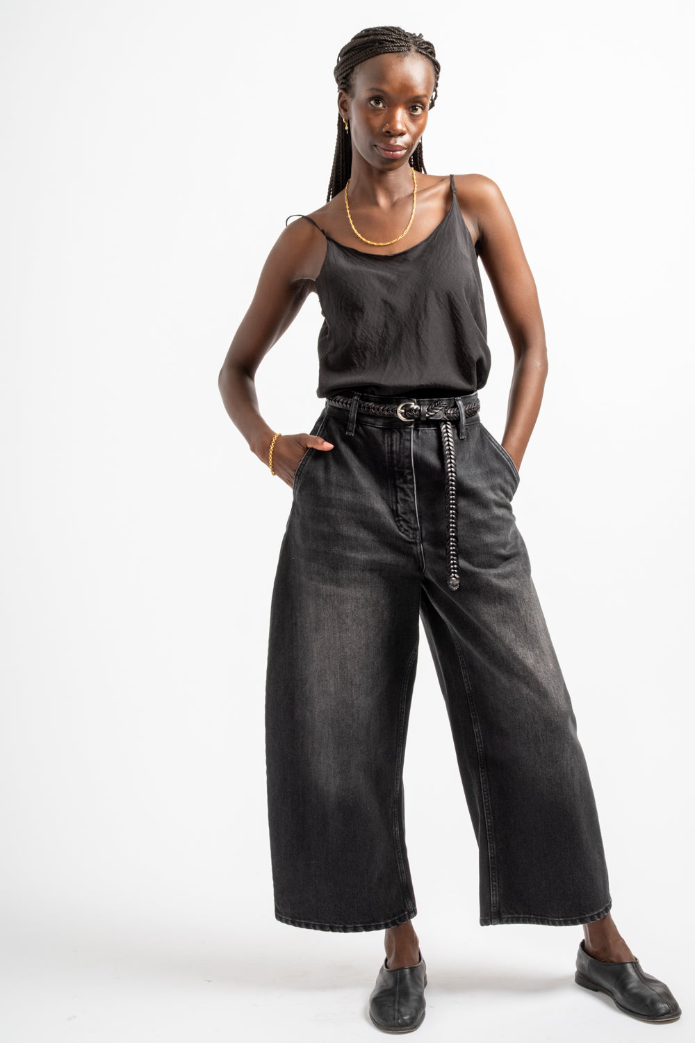 Chalco Wide Crop Pant in Washed Black Regen Denim