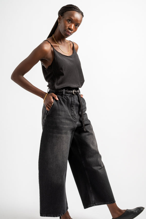 Chalco Wide Crop Pant in Washed Black Regen Denim