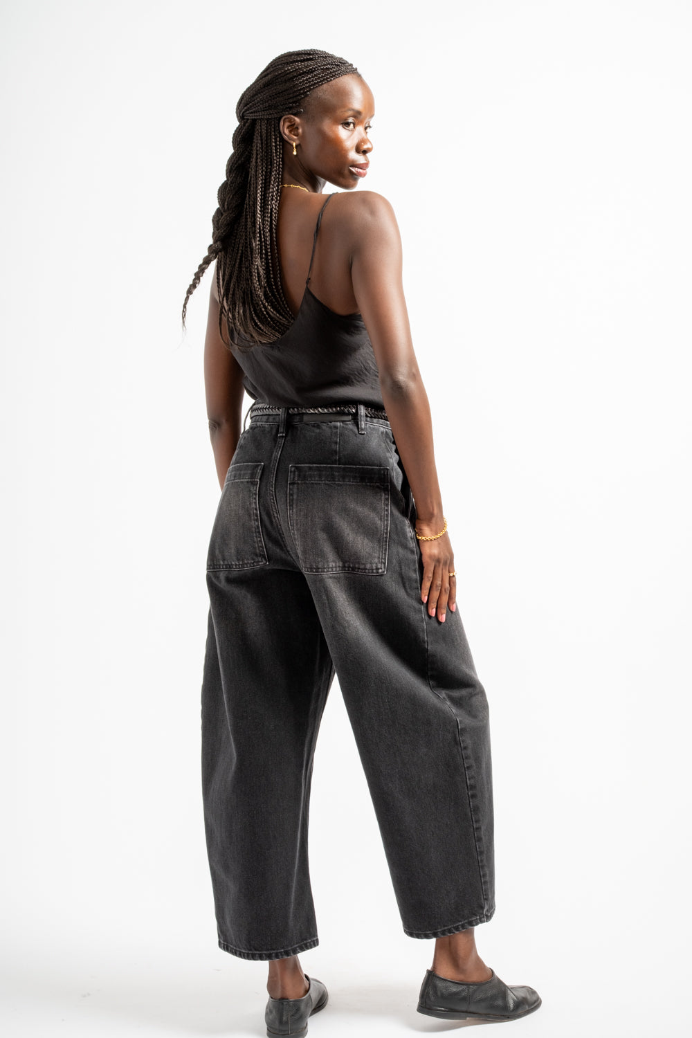 Chalco Wide Crop Pant in Washed Black Regen Denim