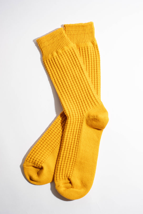 Cotton Waffle Crew Socks in Mustard