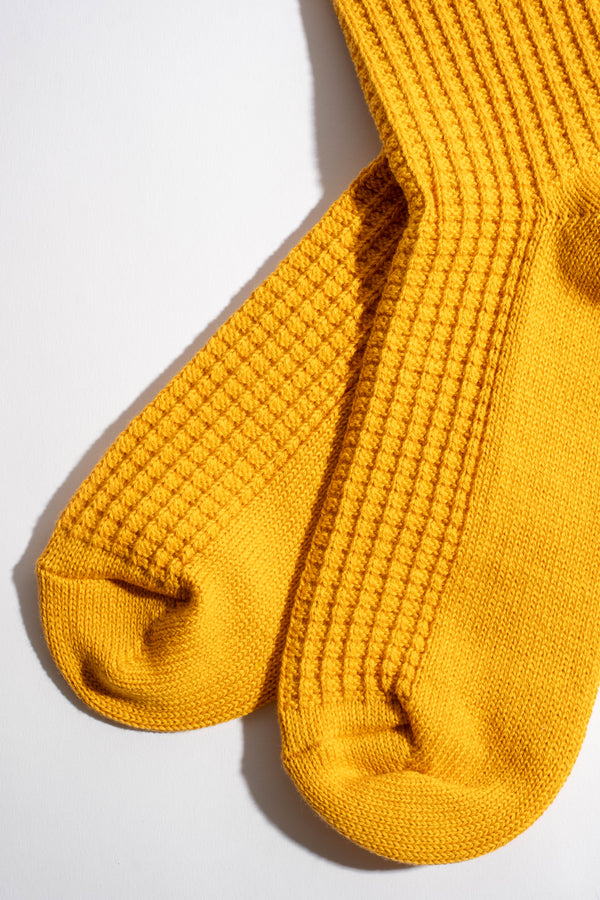 Cotton Waffle Crew Socks in Mustard