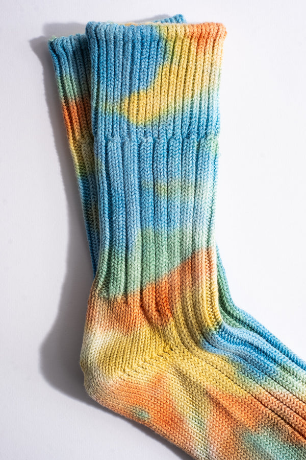 Chunky Ribbed Crew Sock in Blue + Yellow Tie Dye