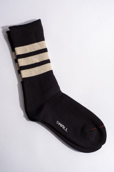 Fine Pile Striped Crew Sock in Black + Raw Beige