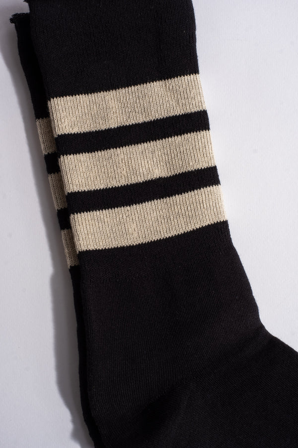 Fine Pile Striped Crew Sock in Black + Raw Beige