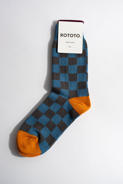 Checkerboard Crew Sock in Blue + Grey