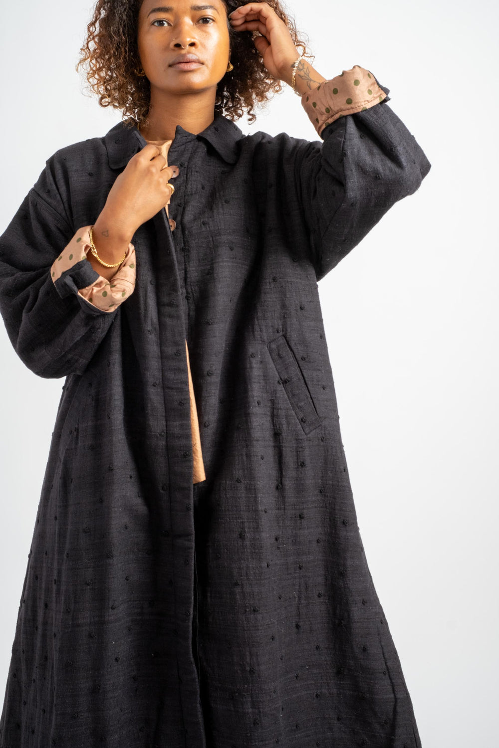 Embroidery Quilting Coat in Black