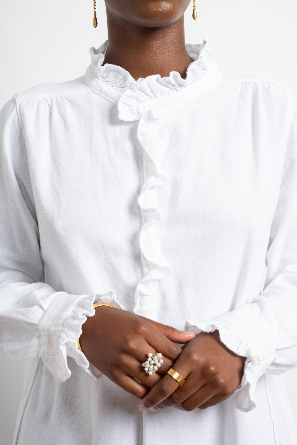 Amber Ruffle Shirt in White Cotton Silk